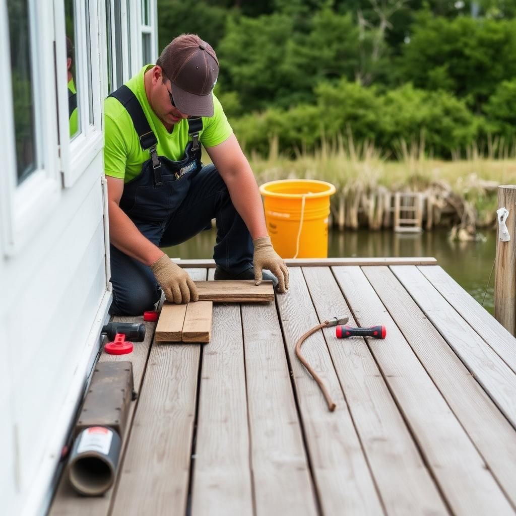 Dock repair work replacing decking and pilings on a Hampton Roads dock