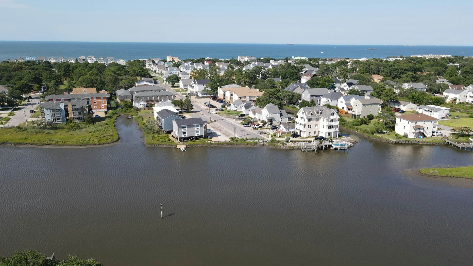 Homes with bulkheads and docks along a Hampton Roads waterway